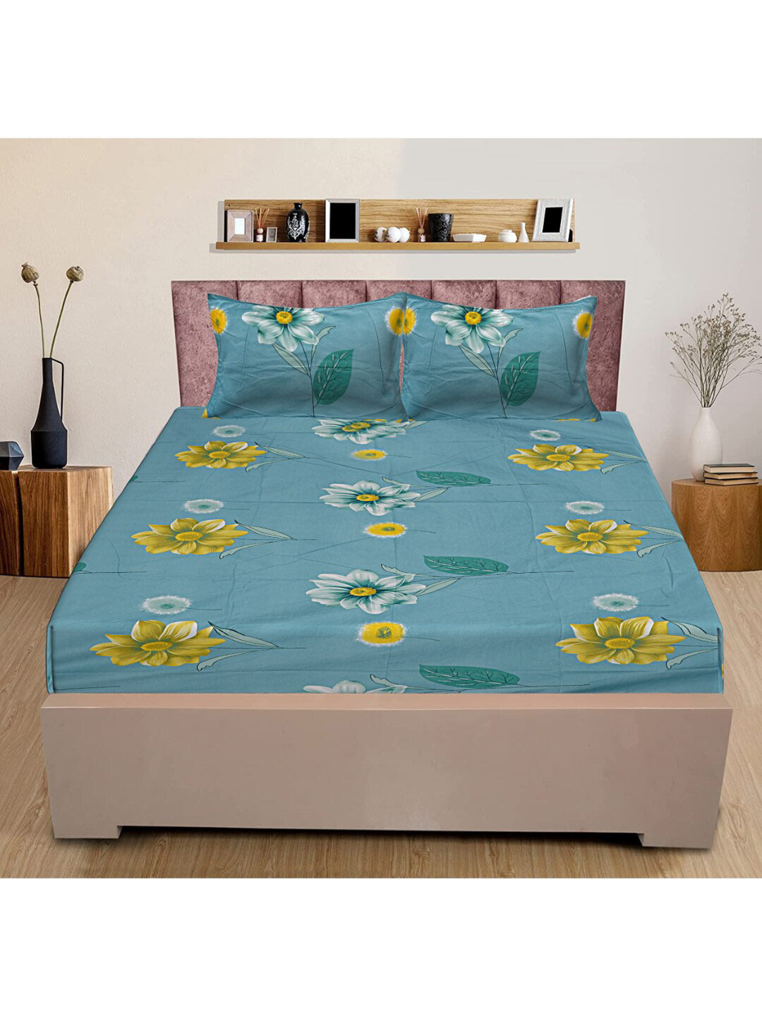 

INDHOME LIFE Blue & Yellow Floral Pure Cotton 220 TC Queen Bedsheet With 2 Pillow Covers