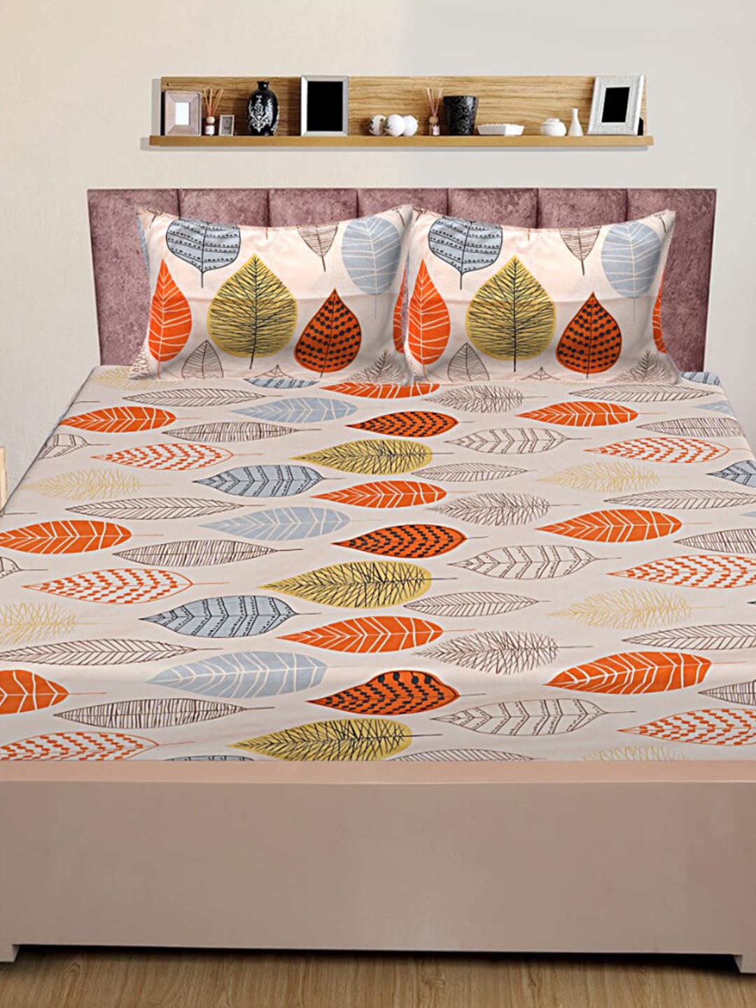 

INDHOME LIFE Cream & Orange Printed Pure Cotton 160 TC Queen Bedsheet With 2 Pillow Covers