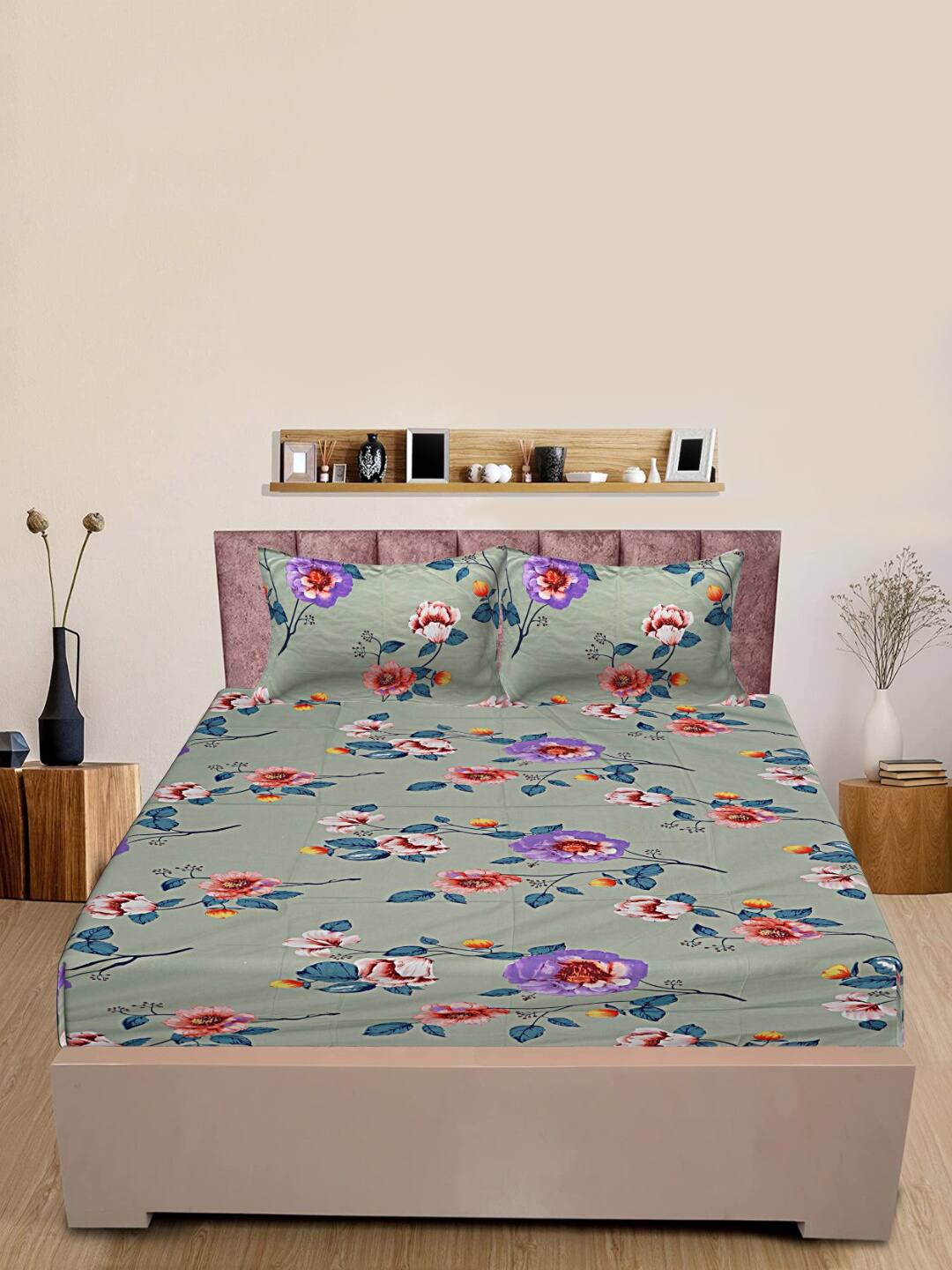 

INDHOME LIFE Green & Purple Pure Cotton Floral 220 TC Queen Bedsheet With 2 Pillow Covers