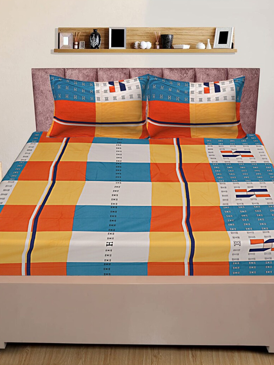 

INDHOME LIFE Blue & Orange Pure Cotton Geometric 220 TC Queen Bedsheet & 2 Pillow Covers