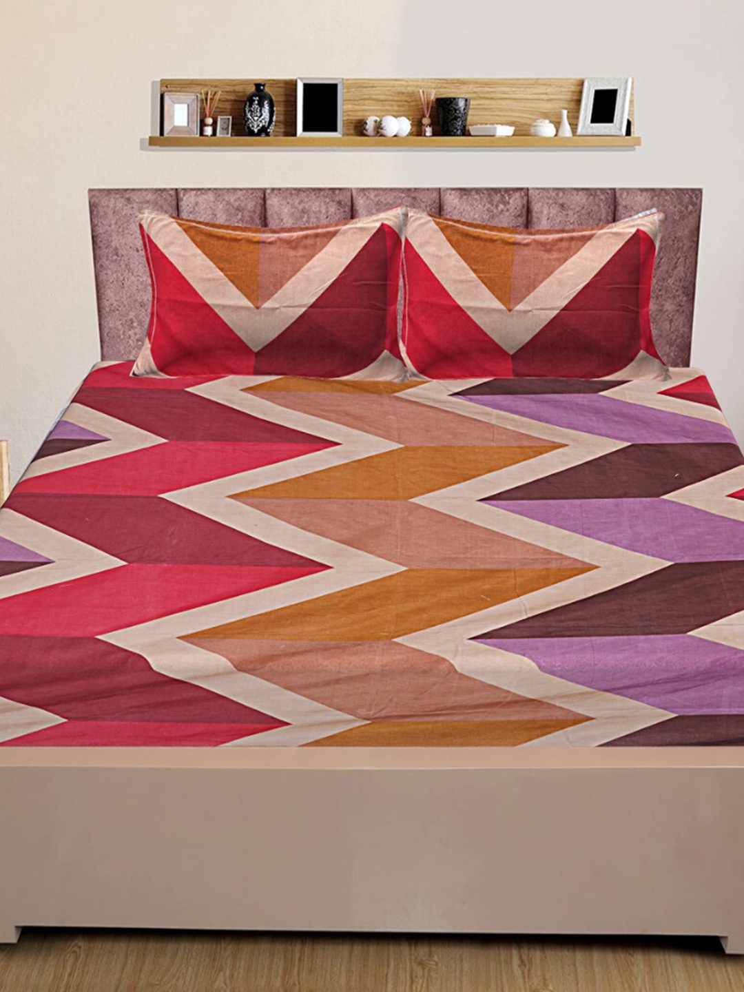 

INDHOME LIFE Red & Purple Geometric Pure Cotton 160 TC Queen Bedsheet With 2 Pillow Covers