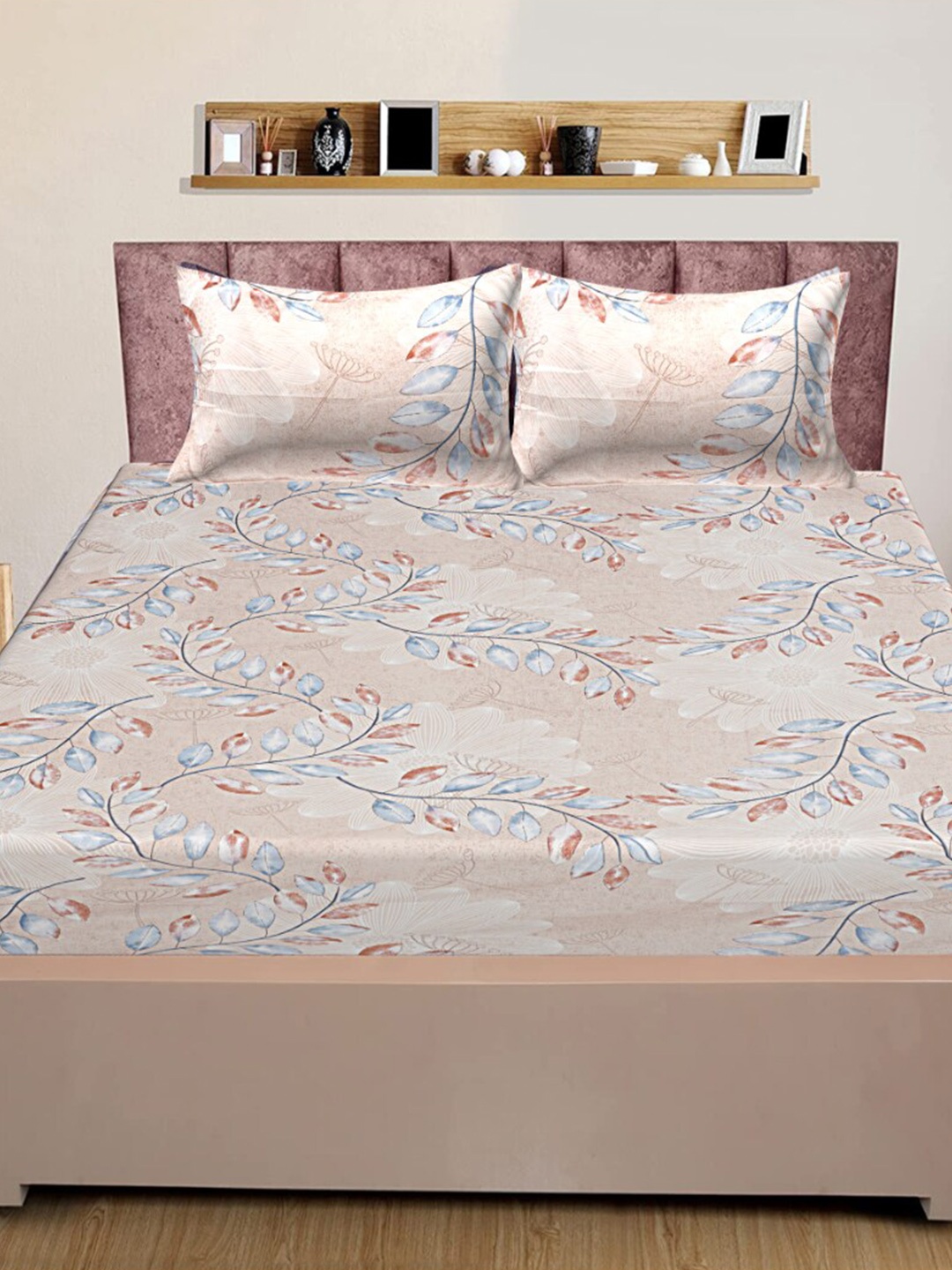 

INDHOME LIFE Brown & Blue Pure Cotton Floral 200 TC Queen Bedsheet With 2 Pillow Covers