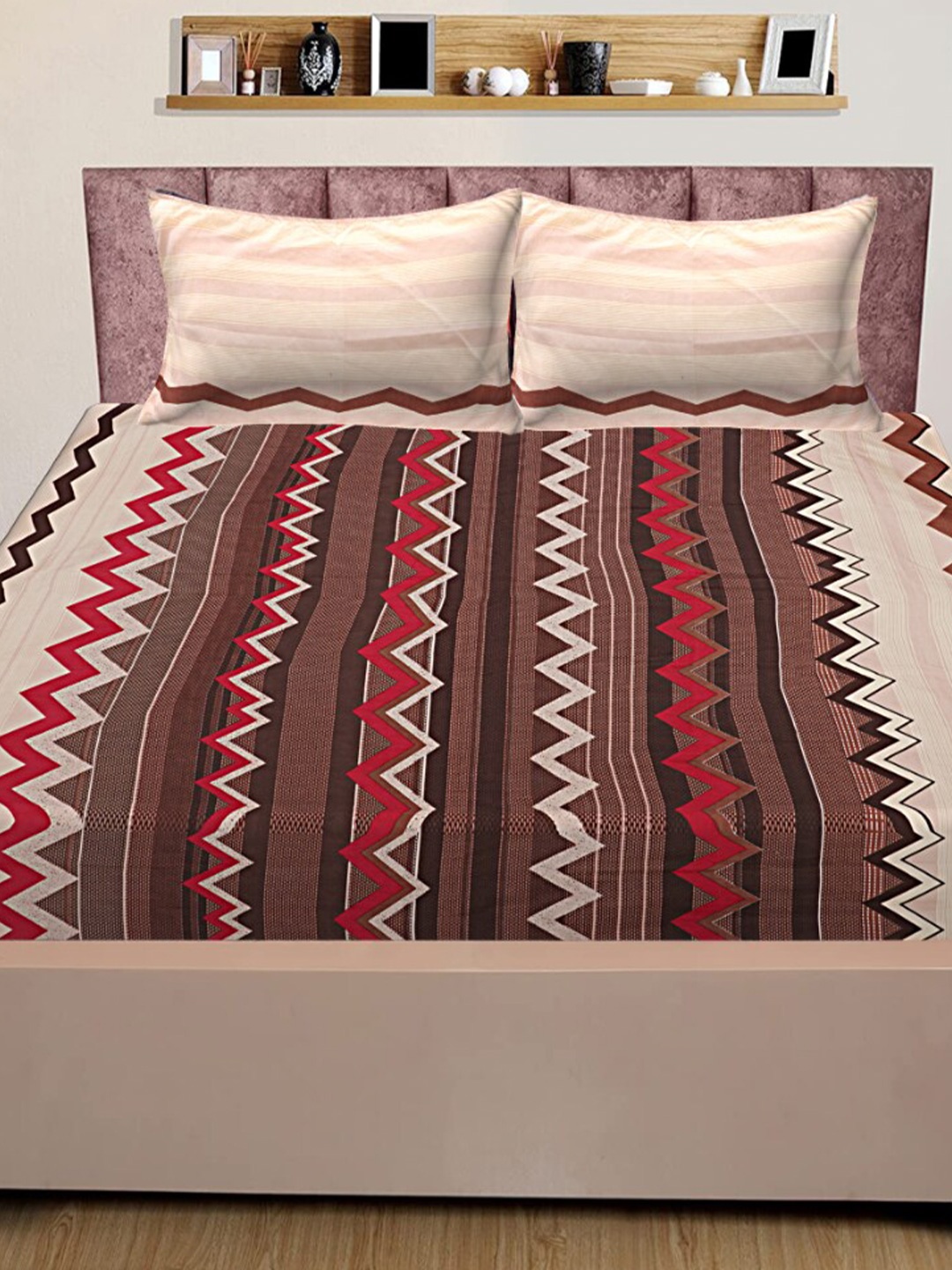 

INDHOME LIFE Brown & Red Pure Cotton Geometric 200 TC Queen Bedsheet With 2 Pillow Covers