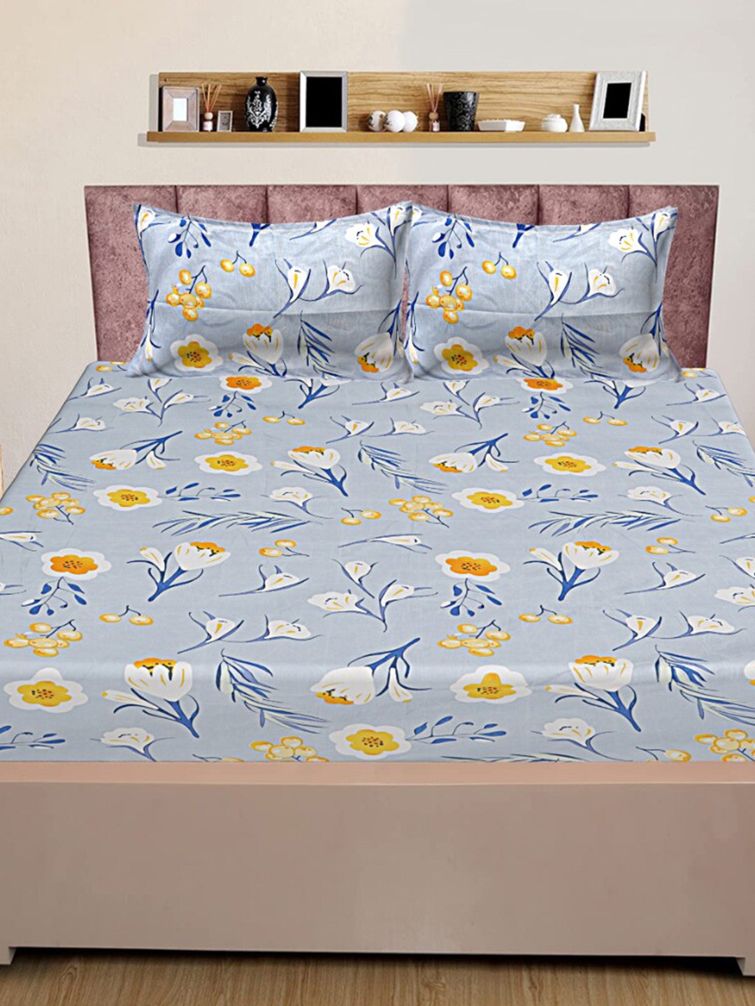 

INDHOME LIFE Blue & White Pure Cotton Floral 160 TC Queen Bedsheet With 2 Pillow Covers