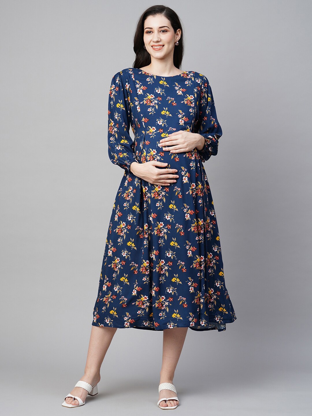 

MomToBe Floral Printed Maternity A-Line Midi Dress, Blue
