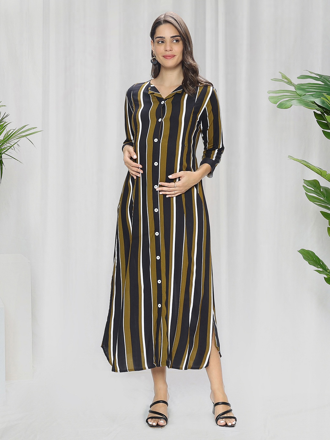 

MomToBe Striped Slit Maternity Midi Shirt Dress, Black
