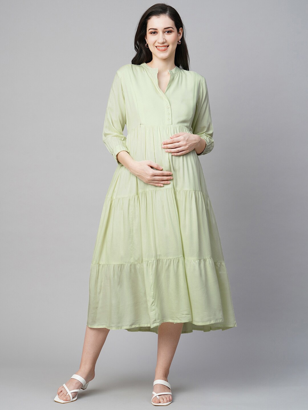 

MomToBe Mandarin Collar Tiered Maternity A-Line Midi Dress, Green