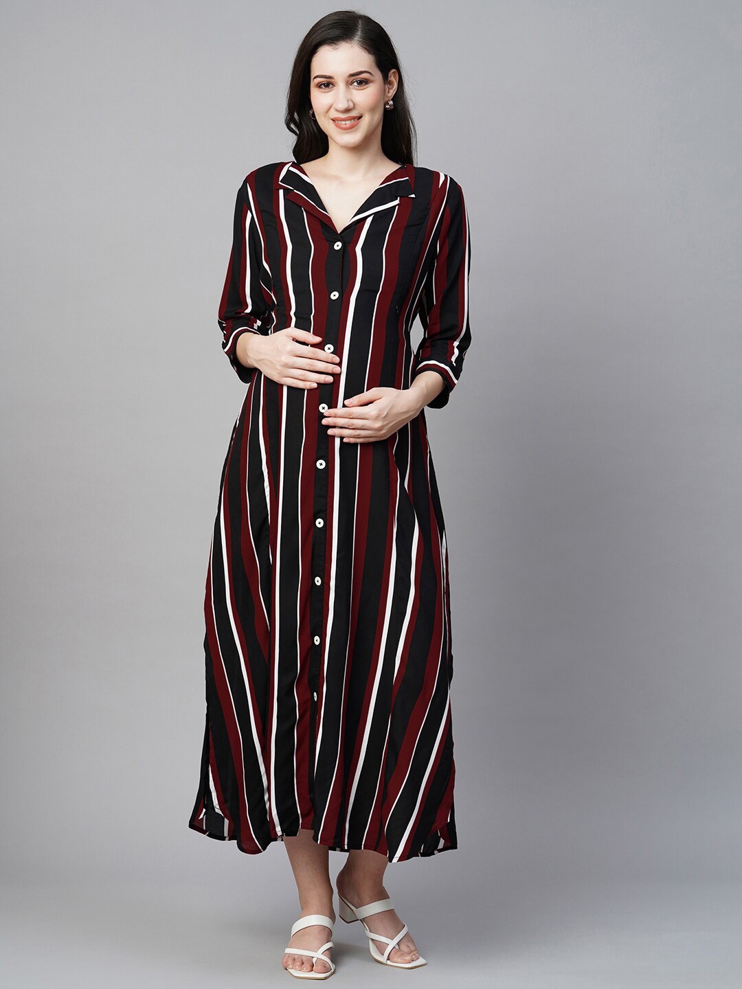 

MomToBe Striped Slit Maternity Midi Shirt Sustainable Dress, Maroon