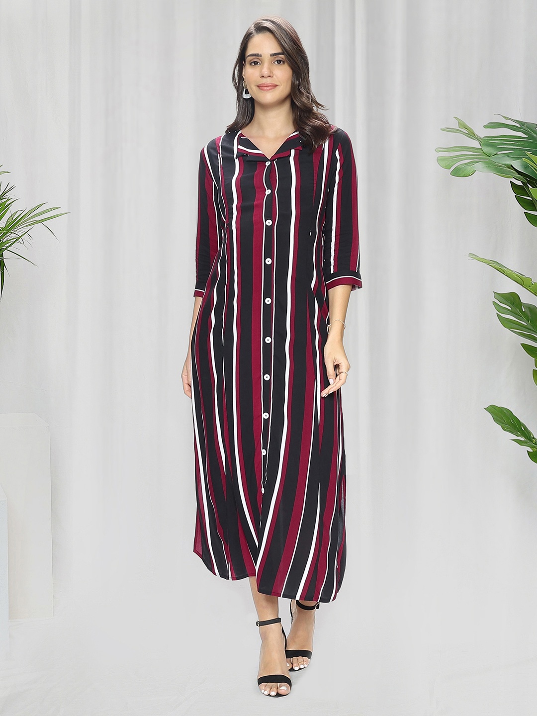 

MomToBe Striped Slit Maternity Midi Shirt Dress, Maroon