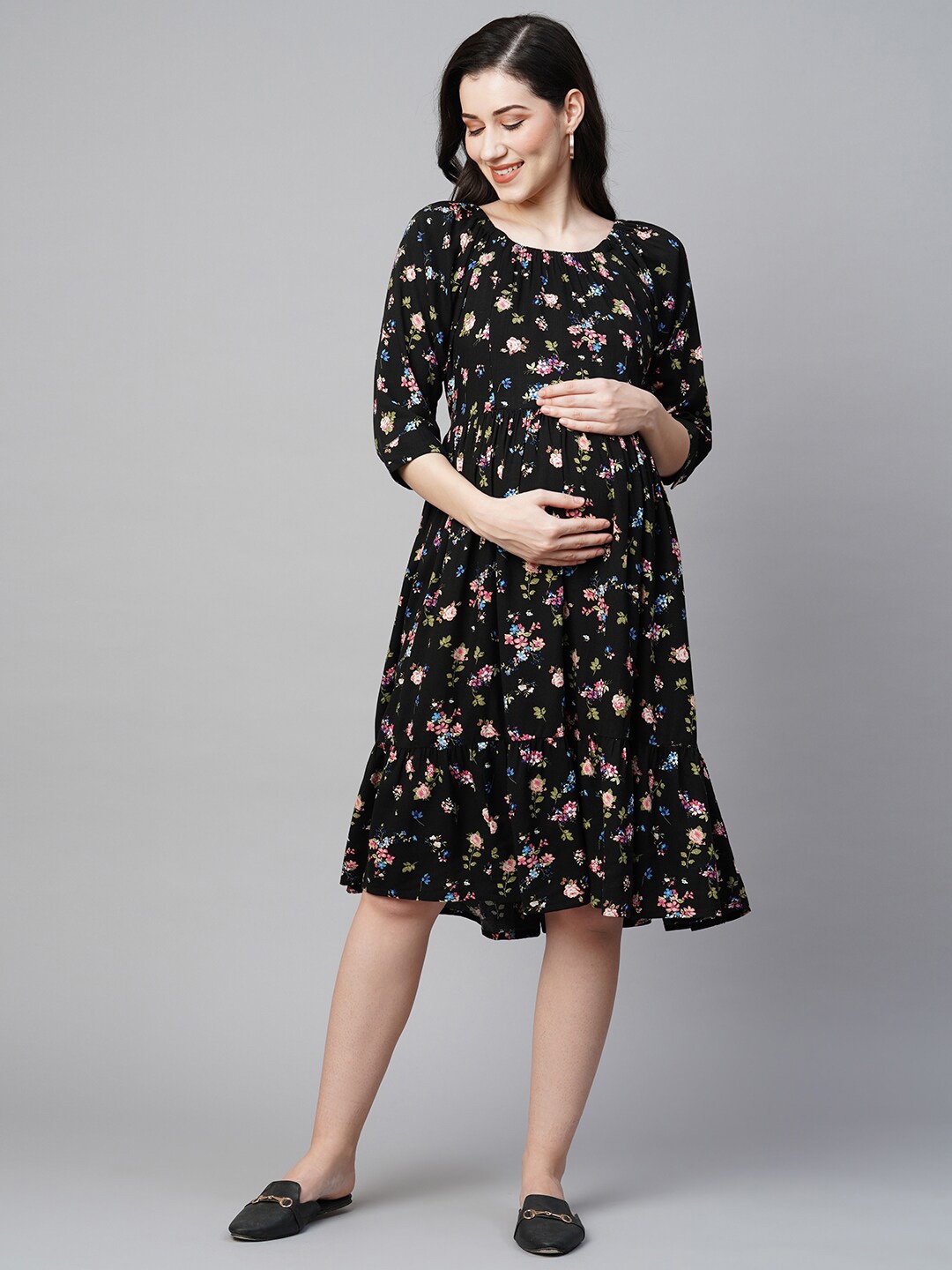 

MomToBe Floral Printed Maternity A-Line Dress, Black