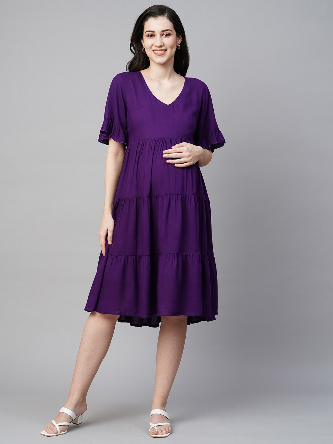 

MomToBe Bell Sleeves Maternity Tiered Fit & Flare Dress, Purple