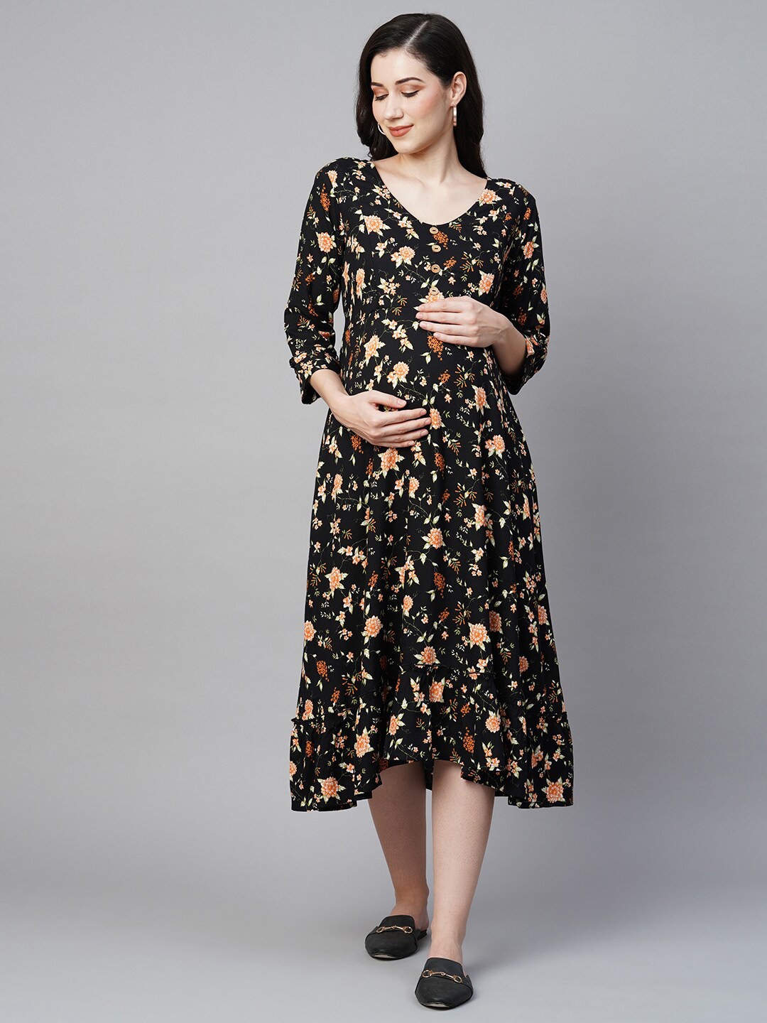 

MomToBe Floral Printed Maternity A-Line Midi Dress, Black