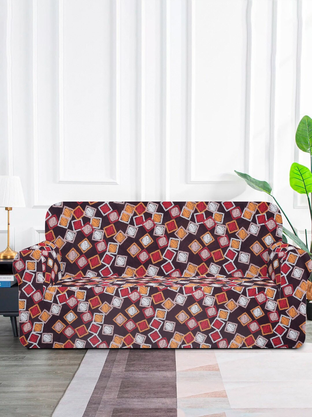 

MULTITEX Brown & Red 3 Pieces Geometric Printed 5-Seater Sofa Covers