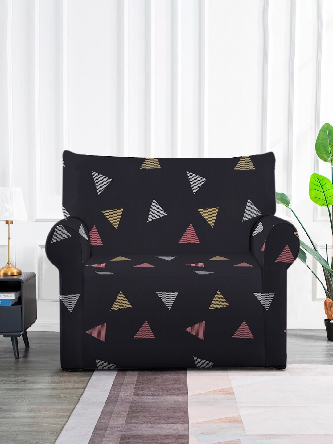 

MULTITEX Black & Red 3 Pieces Geometric Printed 5-Seater Sofa Covers