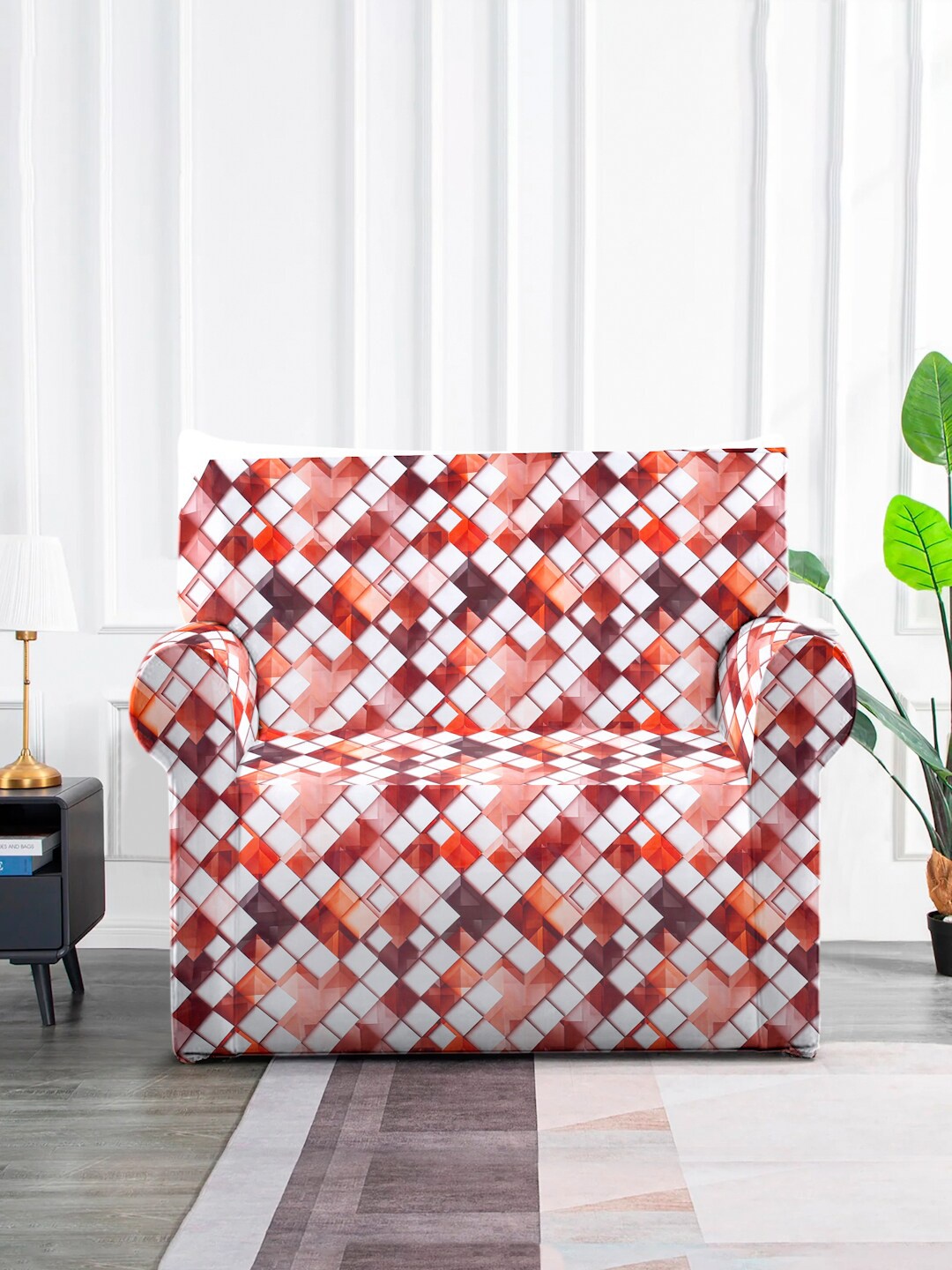 

MULTITEX Red & White 3 Pieces Geometric Printed 5-Seater Sofa Covers