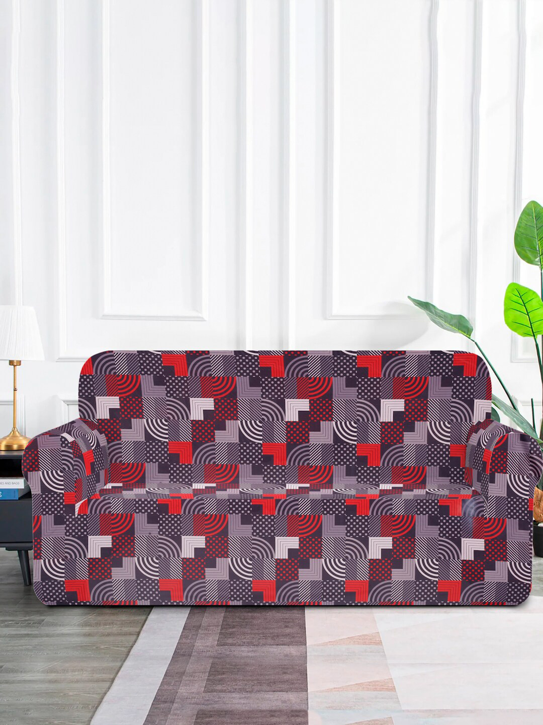 

MULTITEX Brown & Red 3 Pieces Printed 5-Seater Sofa Covers