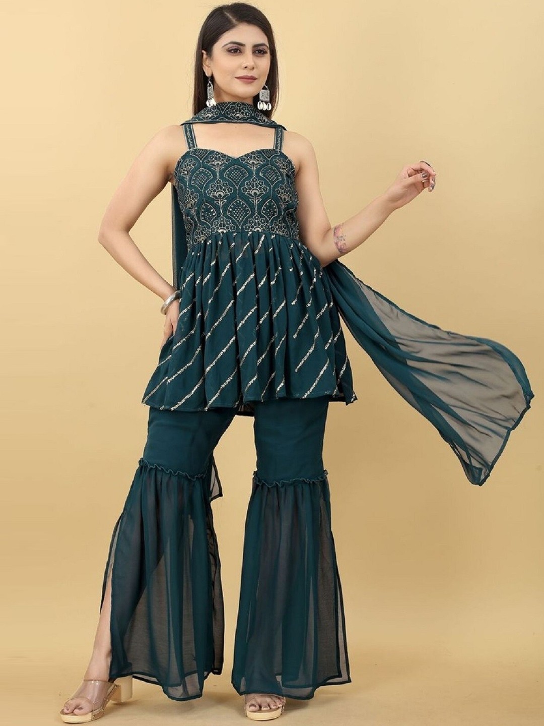

Ethnic Yard Ethnic Motifs Embroidered Gerogette Kurta with Churidar & Dupatta, Green