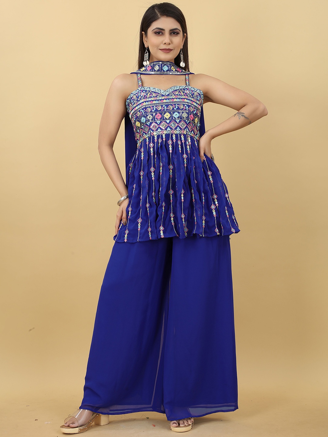 

Ethnic Yard Floral Embroidered Sequined Georgette Kurti with Palazzos & Dupatta, Blue