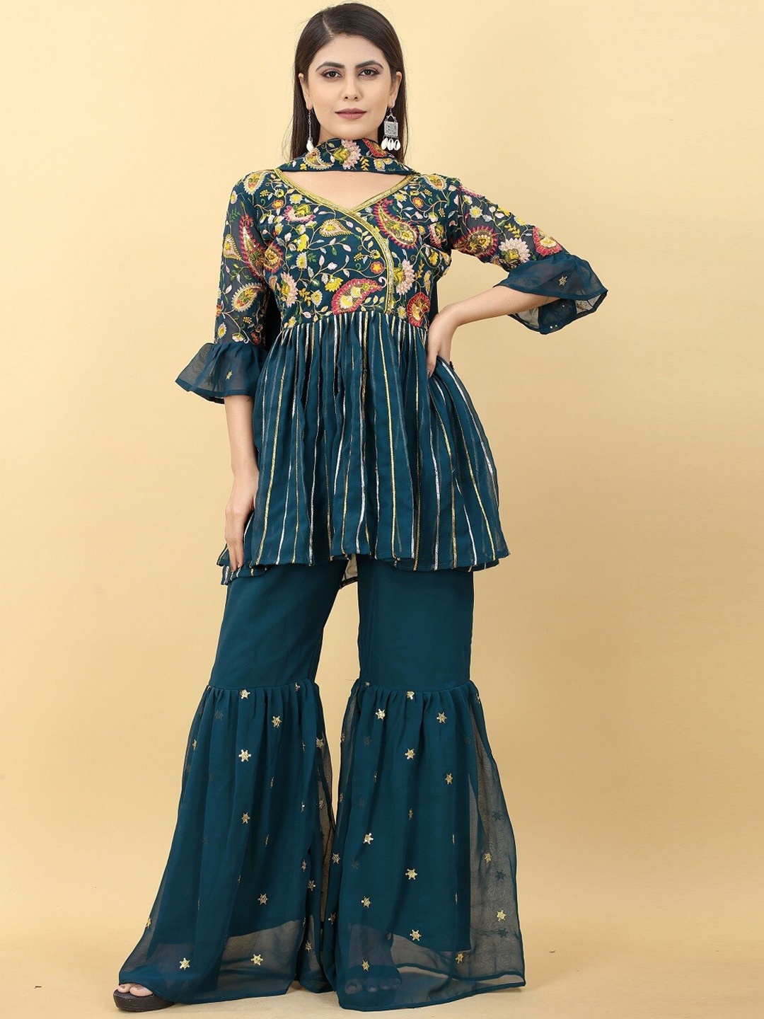 

Ethnic Yard Ethnic Motifs Embroidered Sequined Kurti with Sharara & Dupatta, Blue