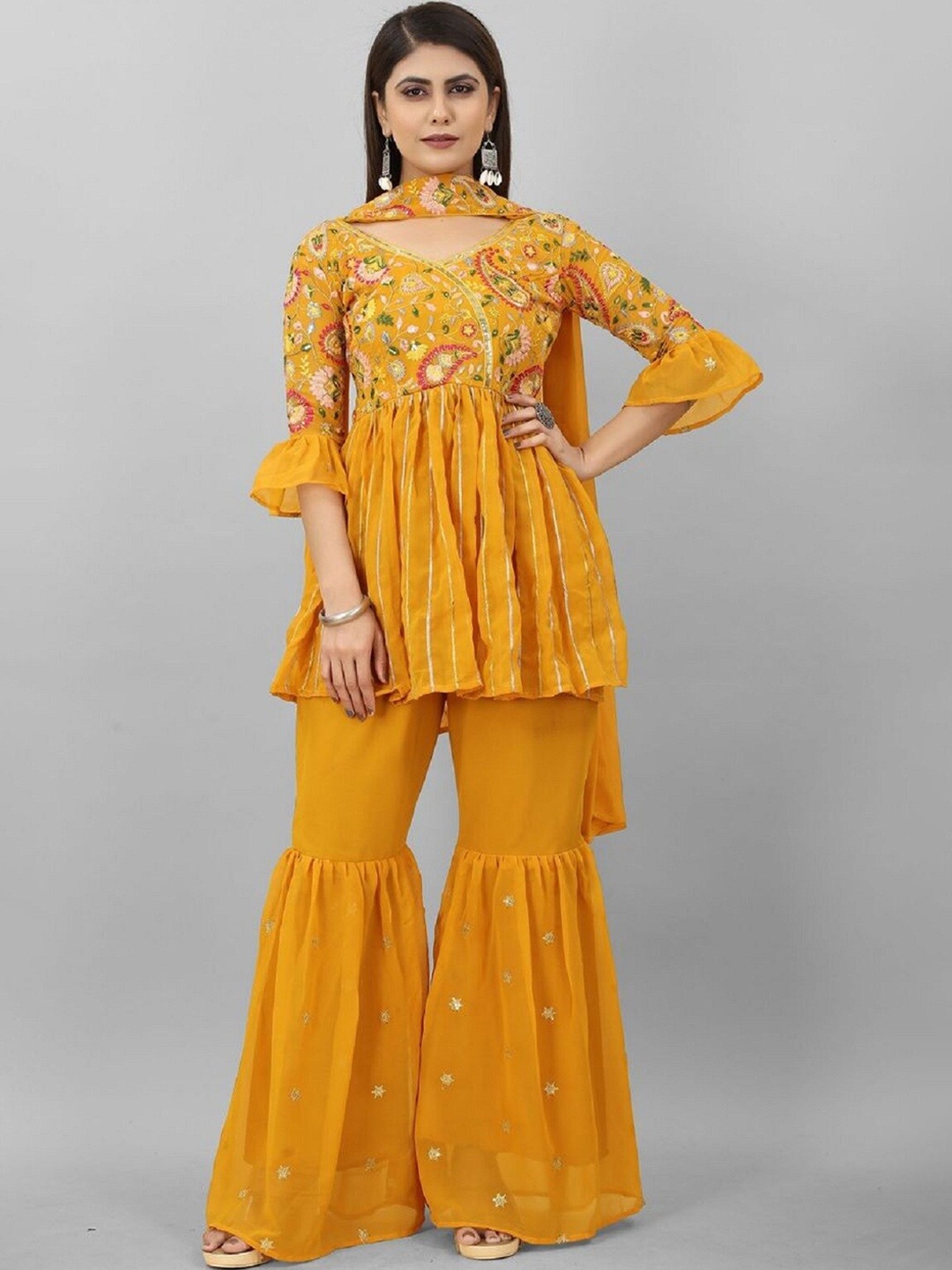 

Ethnic Yard Ethnic Motifs Embroidered Sequined Kurti with Sharara & Dupatta, Yellow