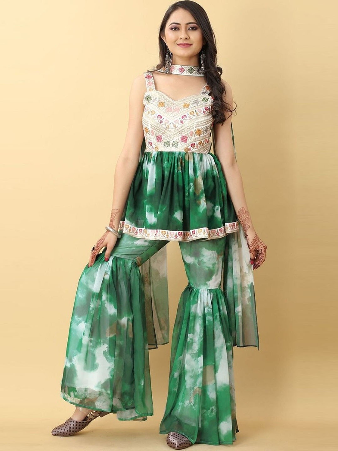 

Ethnic Yard Tie & Dyed Sequined Kurti with Sharara & Dupatta, Green