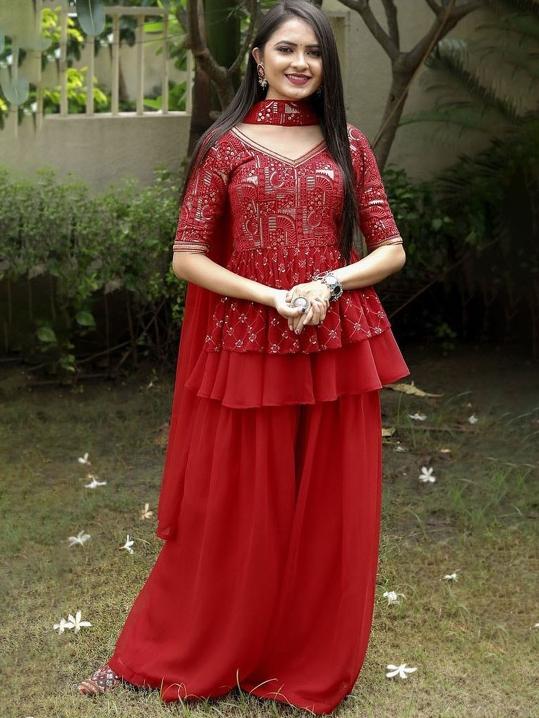

Ethnic Yard Ethnic Motifs Embroidered A-Line Gerogette Kurti with Sharara & Dupatta, Red
