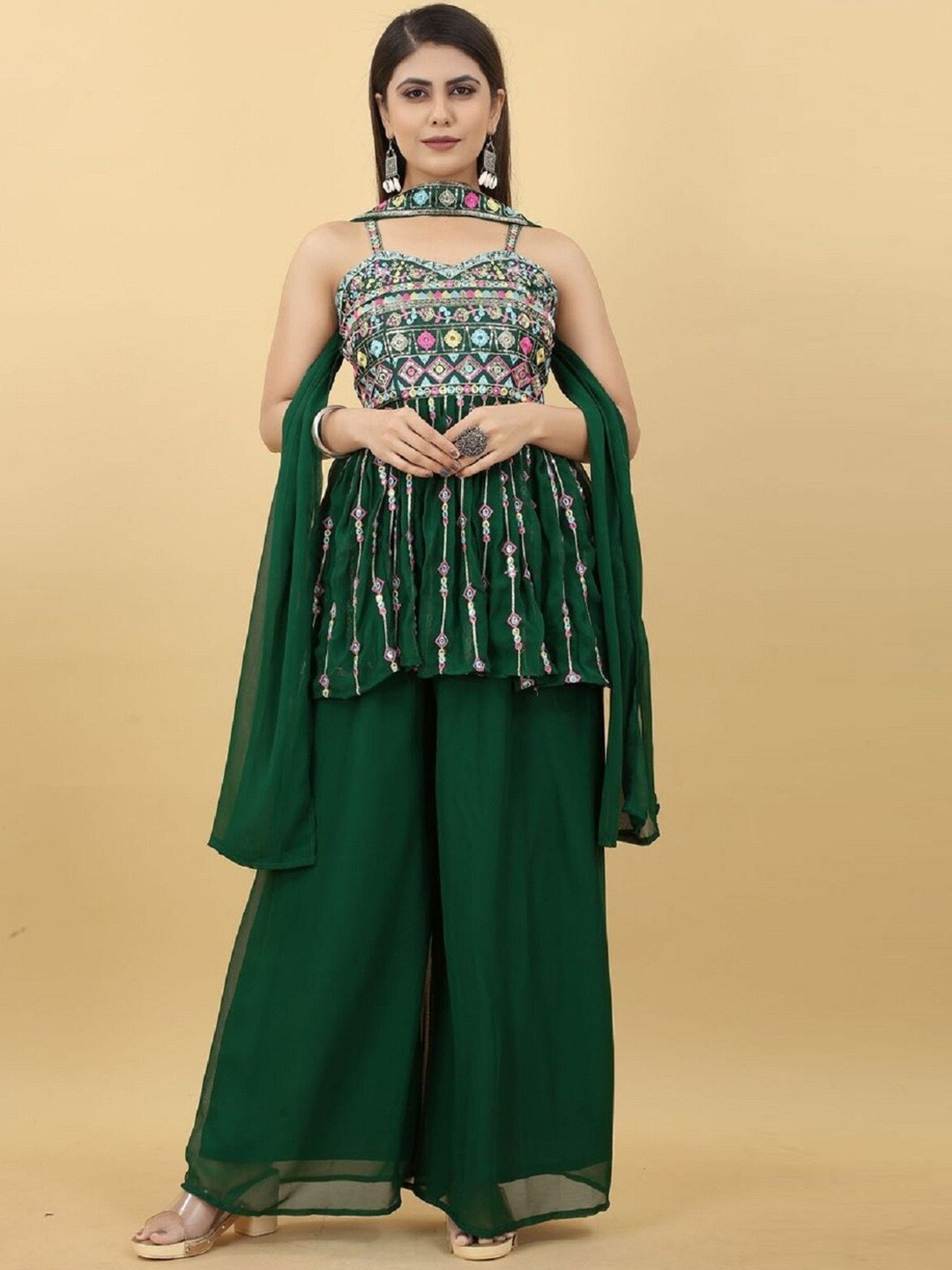 

Ethnic Yard Ethnic Motifs Embroidered Sequined Georgette Kurti with Sharara & Dupatta, Green