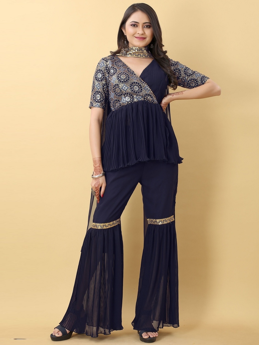 

Ethnic Yard Ethnic Motif Embroidered V Neck Sequinned Kurti With Sharara & Dupatta, Navy blue