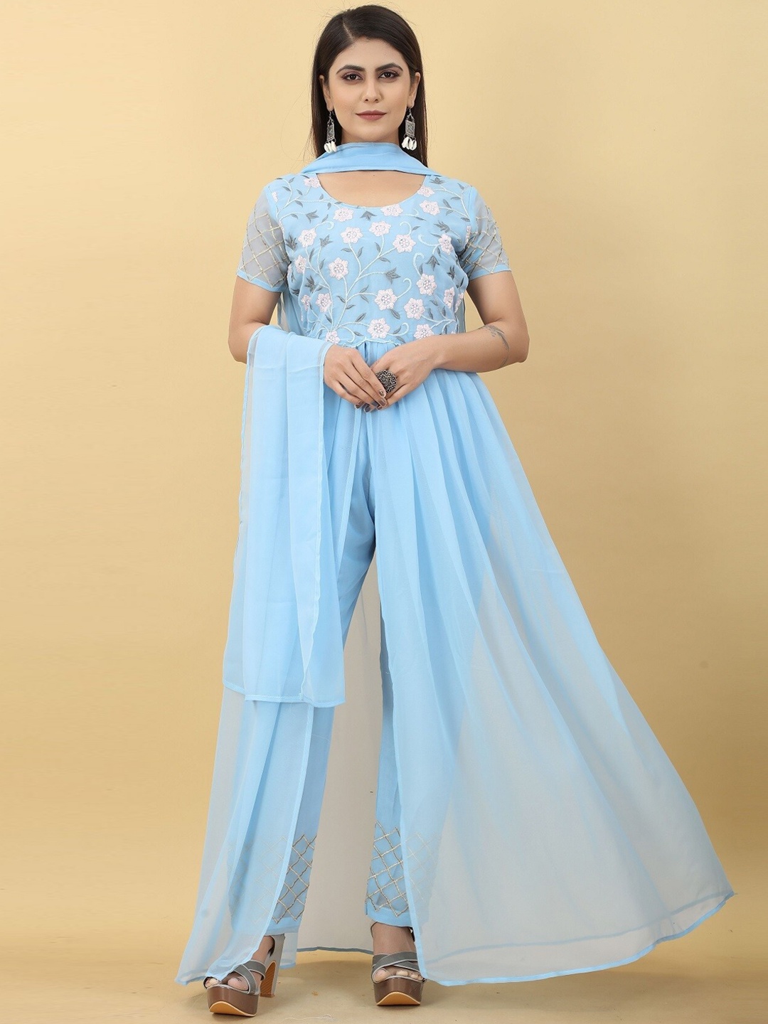 

Ethnic Yard Floral Embroidered Kurta With Trousers & Dupatta, Blue