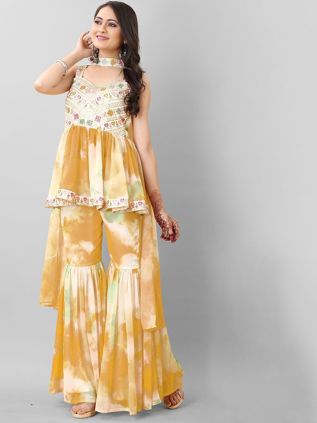 

Ethnic Yard Embroidered Gerogette Kurti with Sharara & Dupatta, Yellow