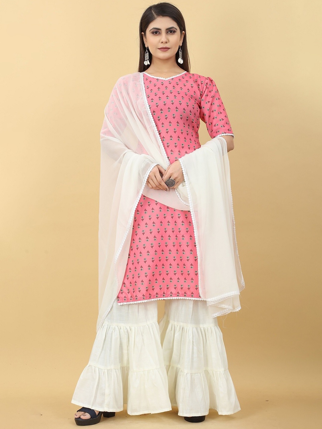 

Ethnic Yard Floral Printed Pure Cotton Kurta With Sharara & Dupatta, Pink