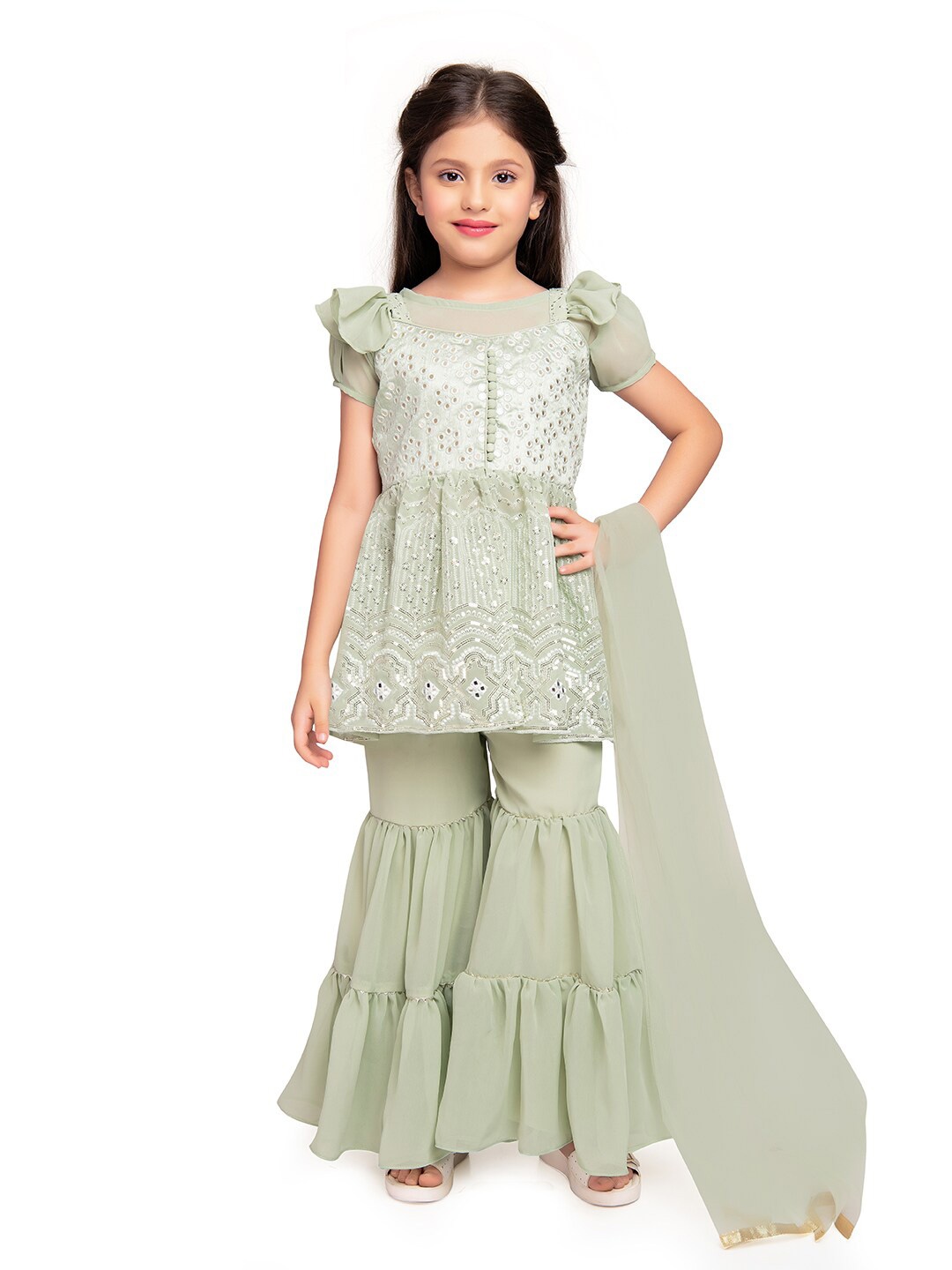 

Tiny Kingdom Girls Ethnic Motifs Embroidered Regular Kurti with Sharara & Dupatta, Green