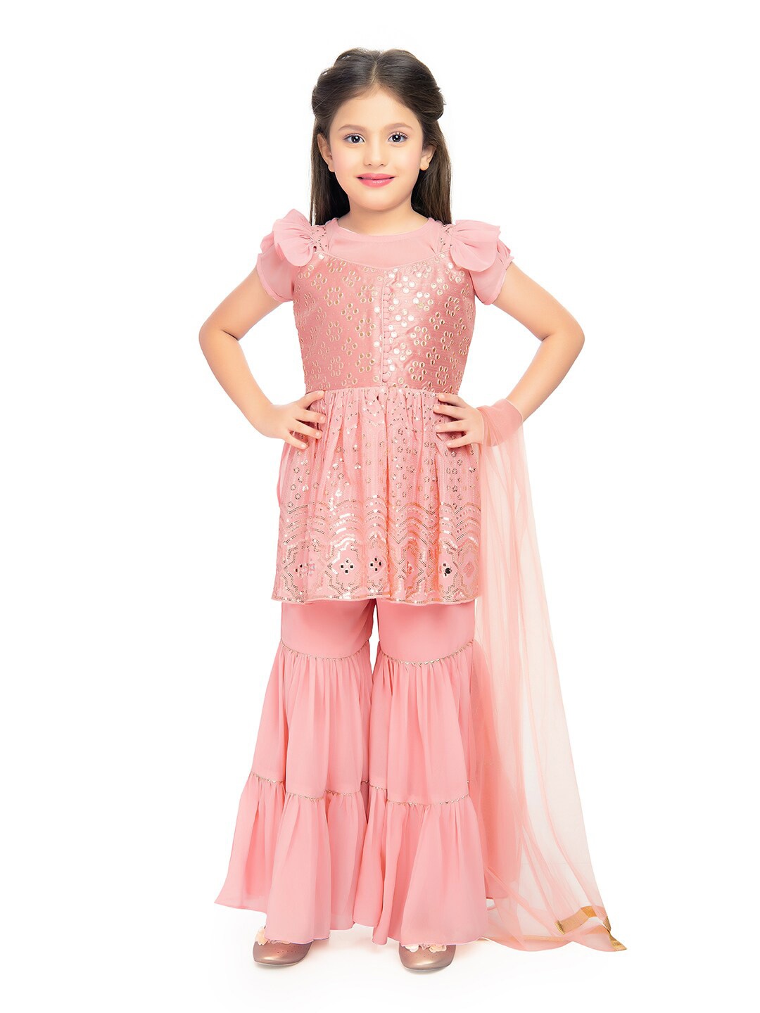 

Tiny Kingdom Girls Ethnic Motifs Embroidered Regular Kurti with Sharara & Dupatta, Peach