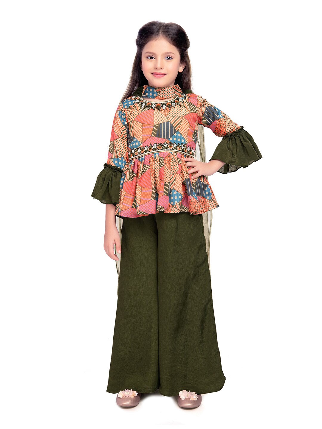 

Tiny Kingdom Girls Printed Top with Palazzos & Dupatta, Green