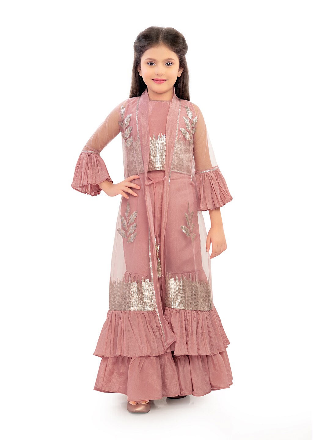 

Tiny Kingdom Girls Embellished Top with Palazzos And Long Jacket, Peach