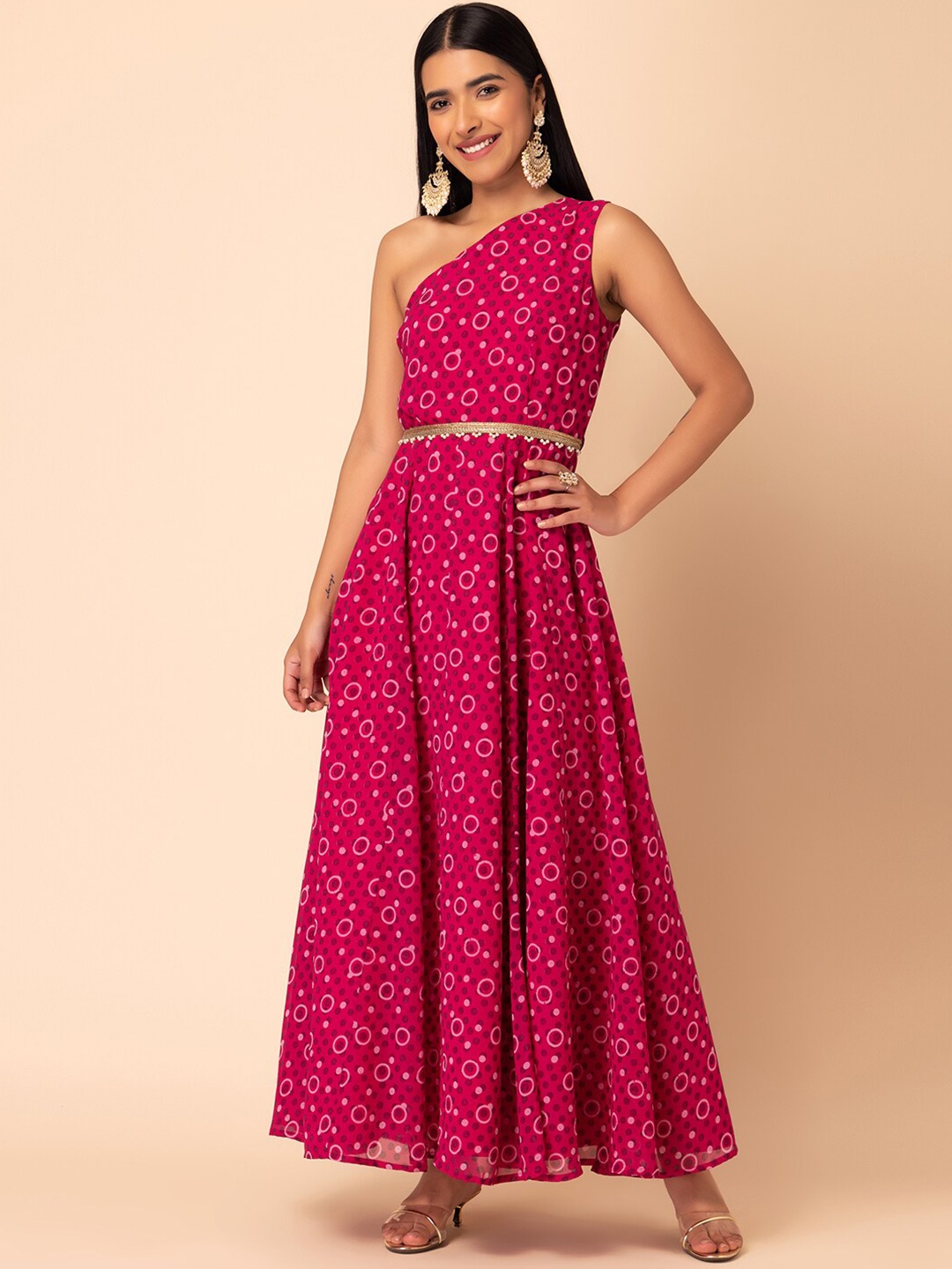 

INDYA Geometric Printed One Shoulder Ethnic Dress With Belt, Rose