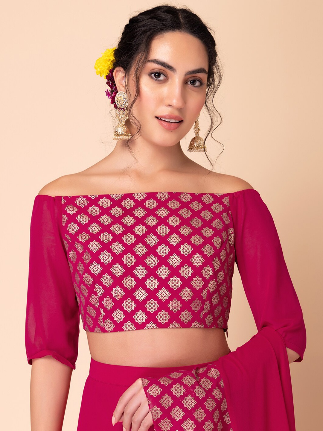 

Rang by Indya Floral Printed Off Shoulder Blouson Crop Top, Pink