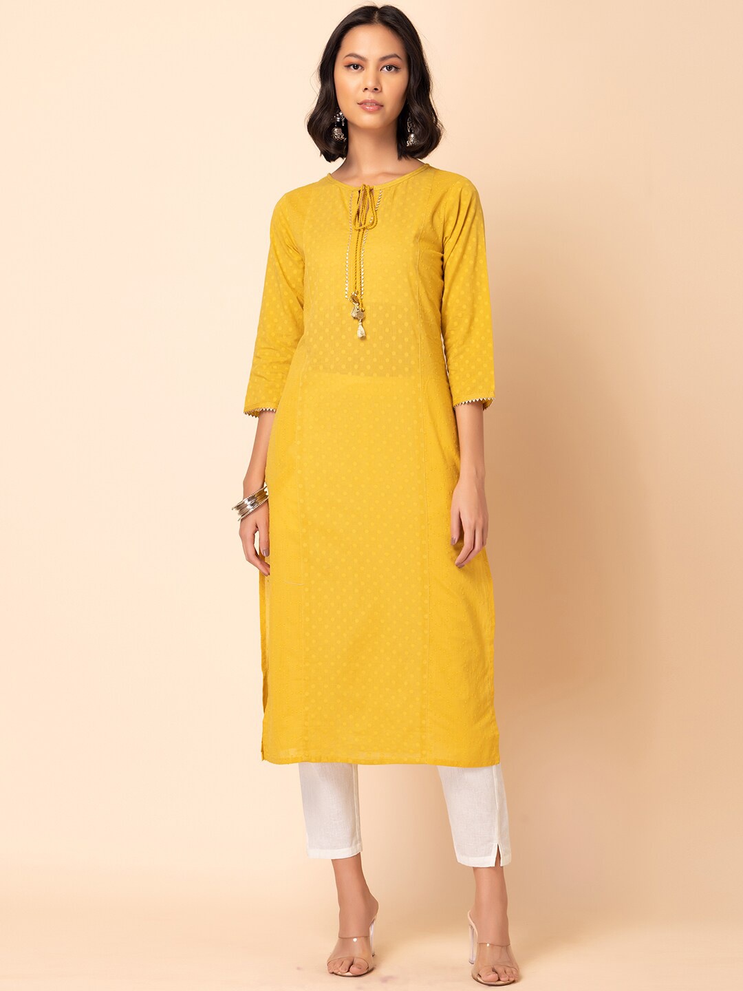 

INDYA Polka Dots Printed Tie-Up Neck Pure Cotton Kurta, Mustard