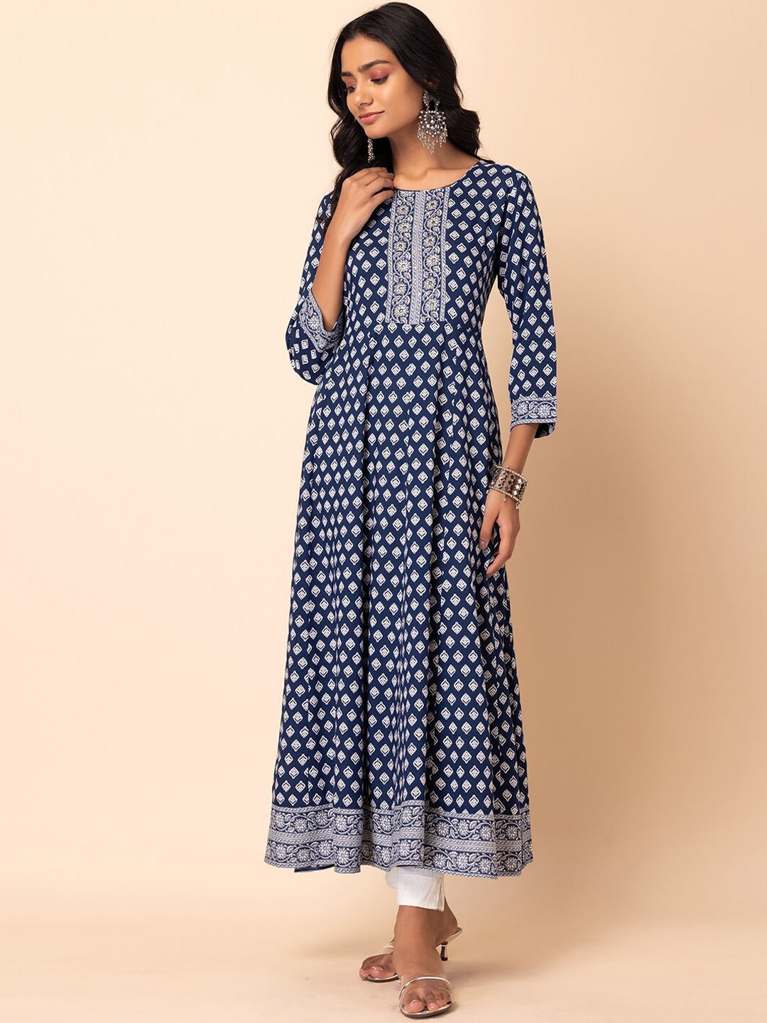 

INDYA Ethnic Motifs Batik Printed Anarkali Kurta, Navy blue