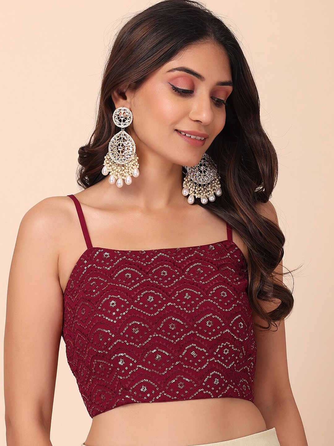 

Rang by Indya Ethnic Motifs Sequinned Embroidered Blouson Crop Top, Maroon