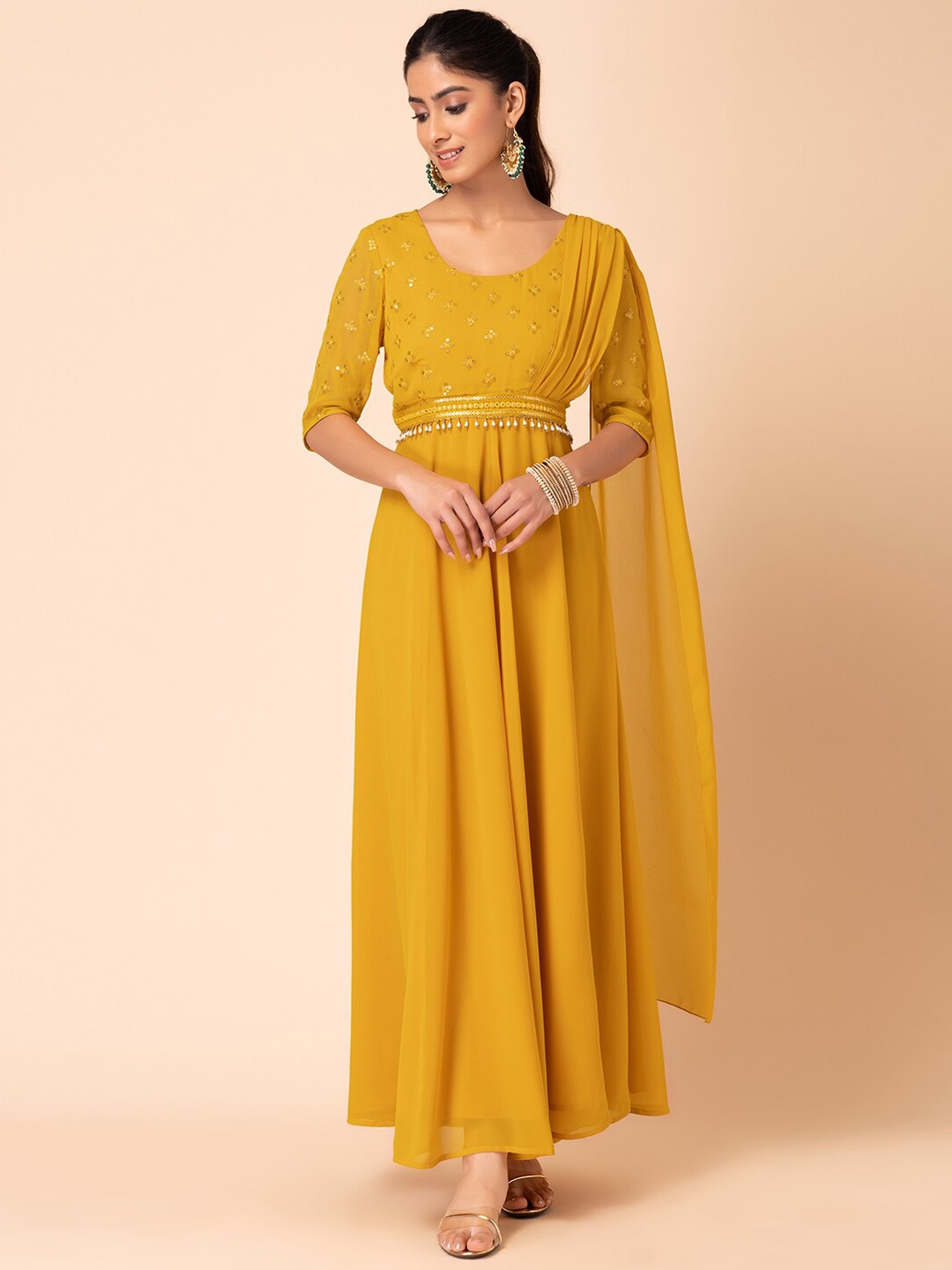 

INDYA Sequined Embroidered Ethnic Dress With Attached Dupatta & Belt, Mustard
