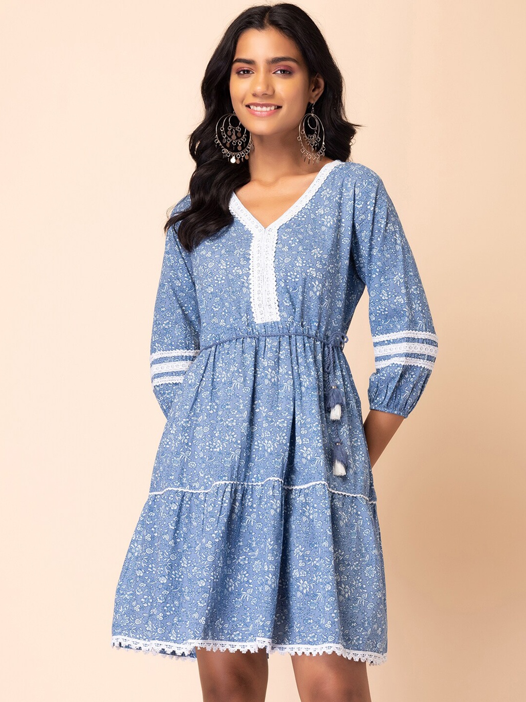 

INDYA Floral Printed Pure Cotton Fit & Flare Ethnic Dress With Dori Belt, Blue