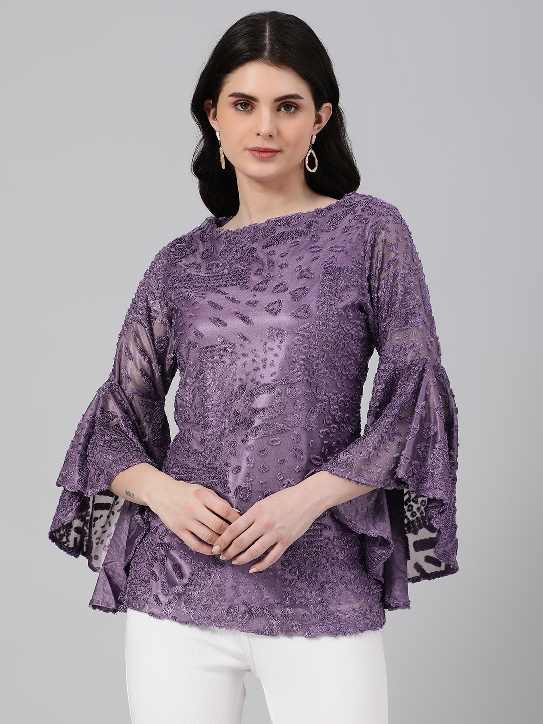 

Emmyrobe Textured Bell Sleeves Jacquard Top, Purple