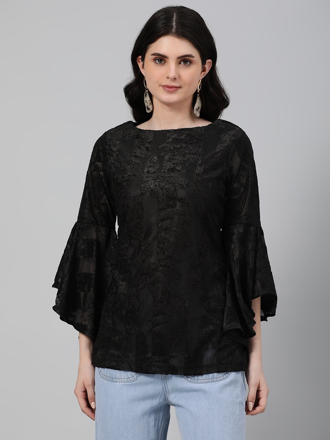 

Emmyrobe Textured Bell Sleeves Jacquard Top, Black
