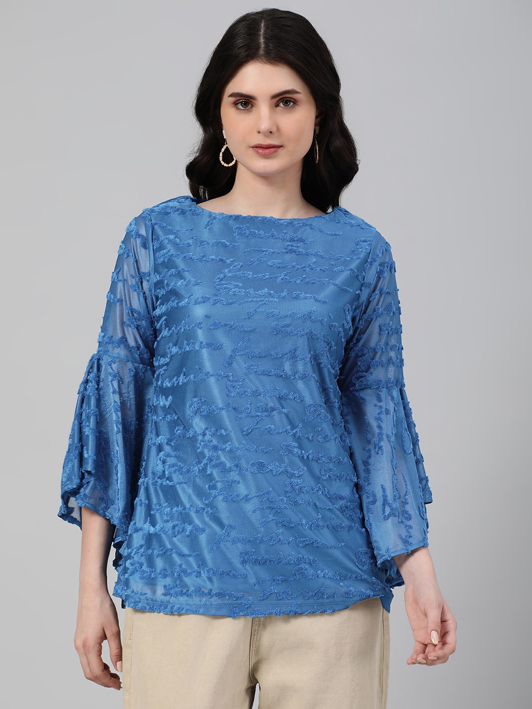 

Emmyrobe Textured Bell Sleeves Jacquard Top, Blue