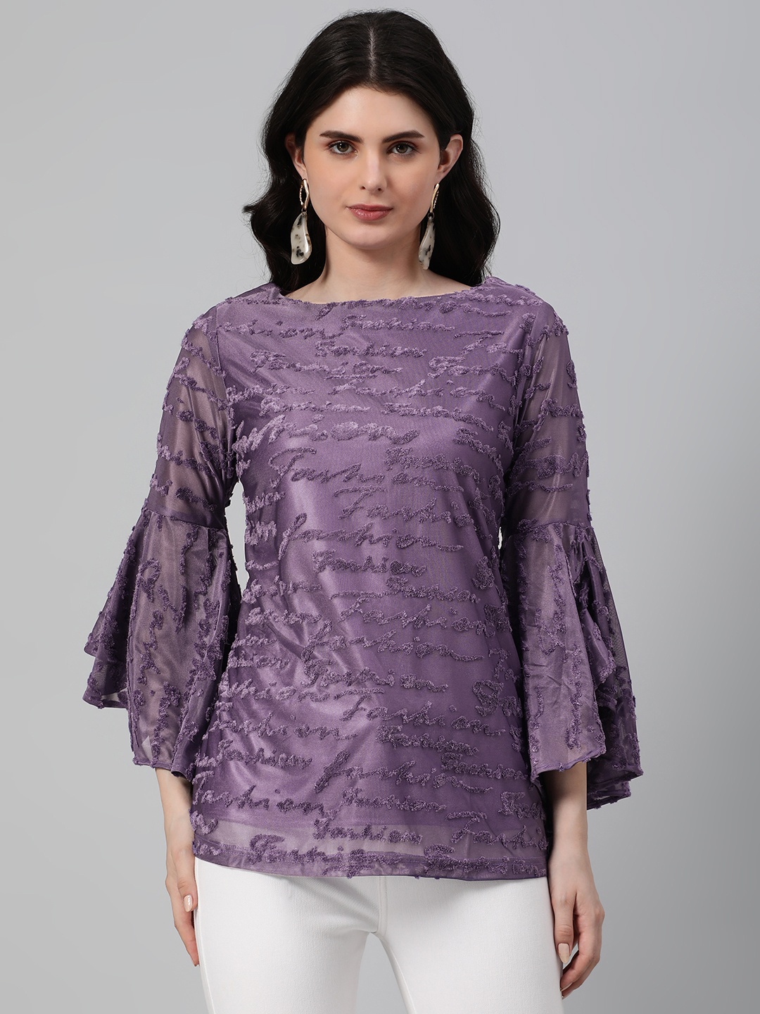 

Emmyrobe Textured Bell Sleeves Jacquard Top, Purple