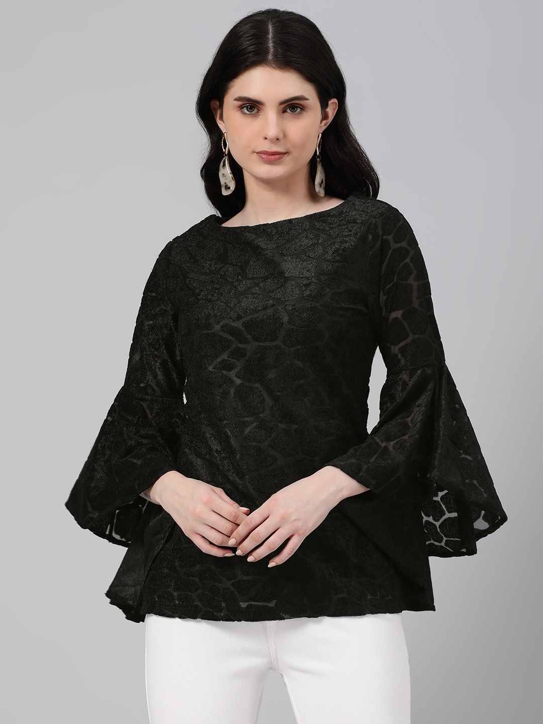 

Emmyrobe Textured Bell Sleeves Jacquard Top, Black