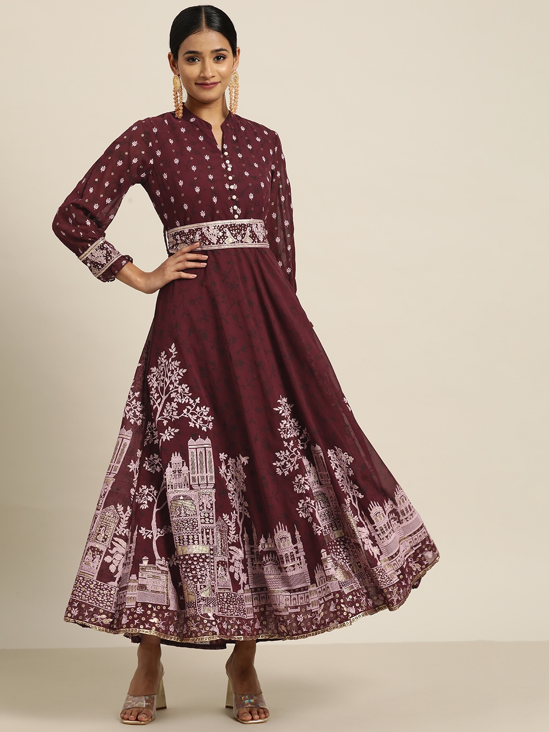 

Juniper Georgette Printed Flared Dress, Maroon
