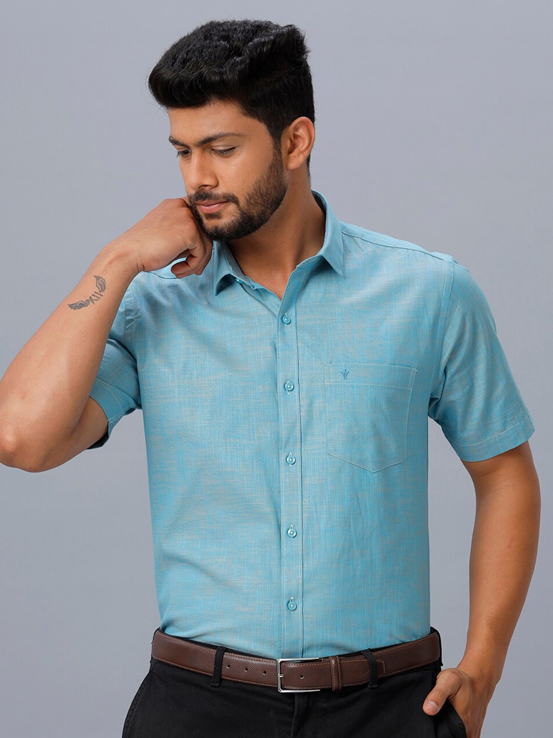 

Ramraj Smart Slim Fit Spread Collar Formal Pure Cotton Shirt, Blue