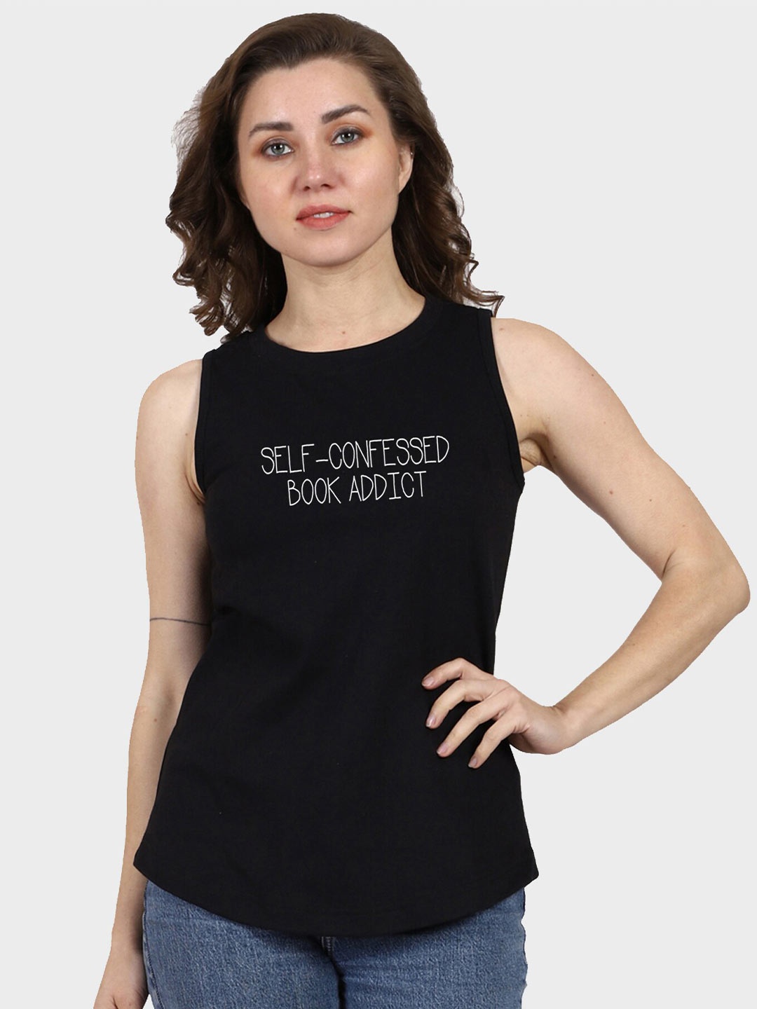 

T-SHIRT TRUCK Typography Printed Sleeveless Cotton T-shirt, Black